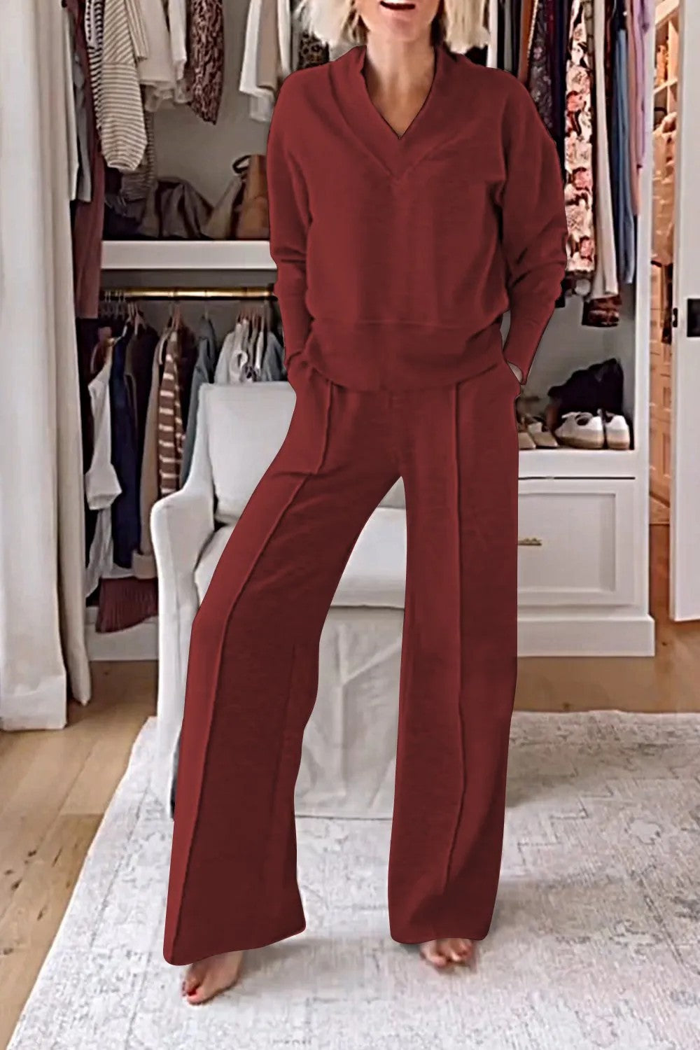 Women Lounge Set V Neck Wide Leg Pants Two Piece