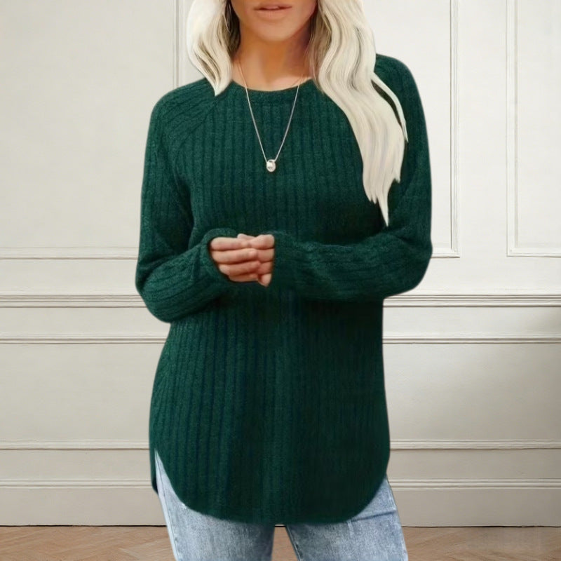 Plus Size Waffle Knit Tunic Long Sleeve Curved Hem Top
