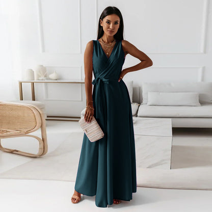 Women's Sleeveless V-Neck Belted A-Line Maxi Dress