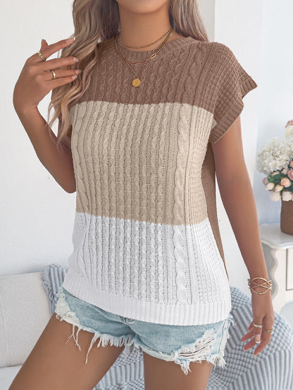 Summer Colorblock Cable Knit Batwing Sleeve Sweater Top
