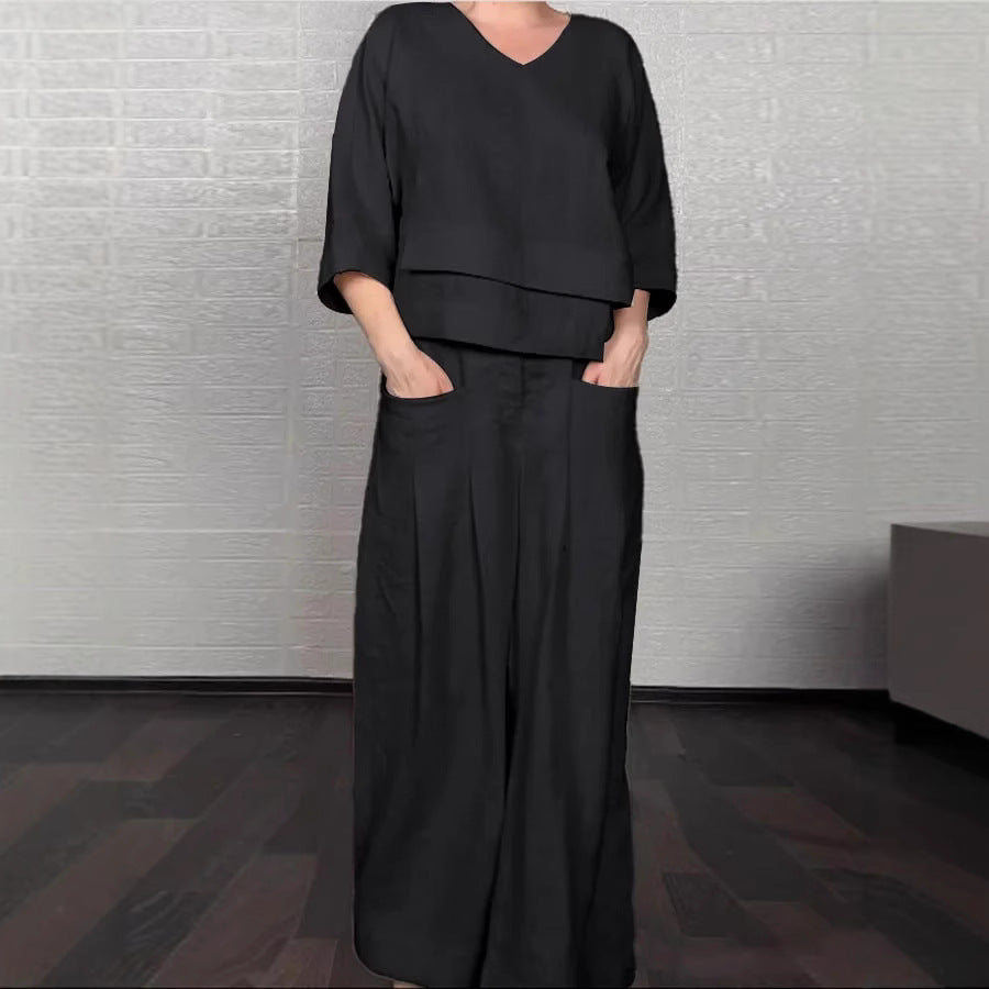 Plus Size Asymmetric Solid Matching Set Wide Leg Pants