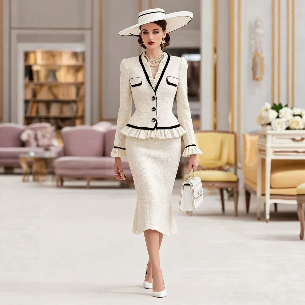 Elegant Colorblock Peplum Jacket Midi Skirt Matching Set