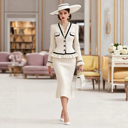 Elegant Colorblock Peplum Jacket Midi Skirt Matching Set