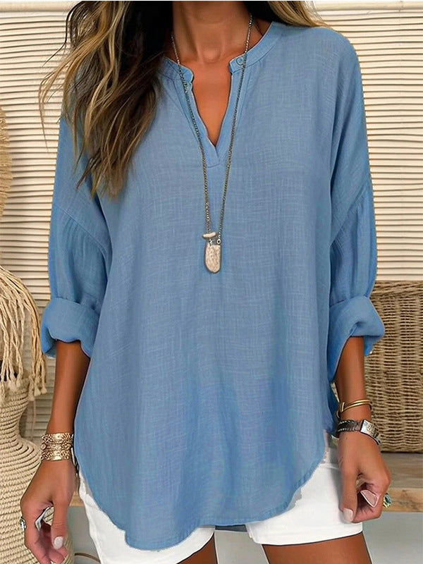Plus Size V Neck Long Sleeve Cotton Linen Tunic Top