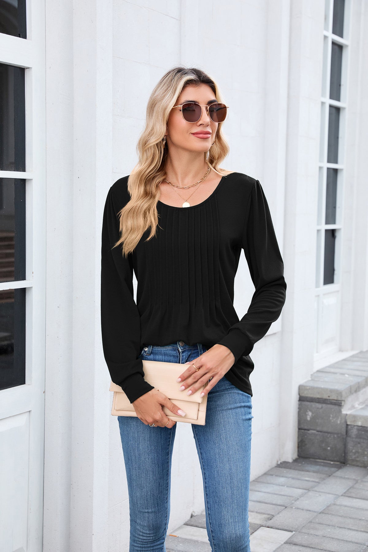 Women's Long Sleeve Pleated Tunic Top Loose Casual Blouse