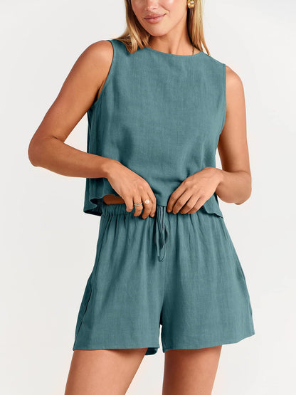 Sleeveless Top and Drawstring Shorts Two Piece Set