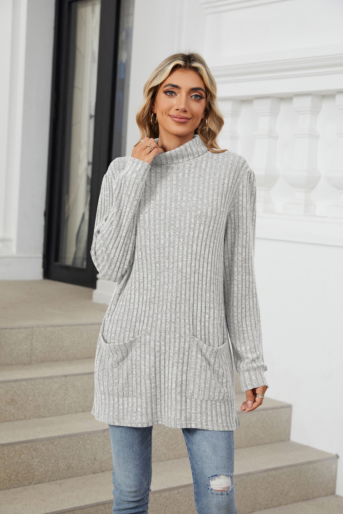 Women's Oversized Ribbed Mock Neck Tunic with Pockets