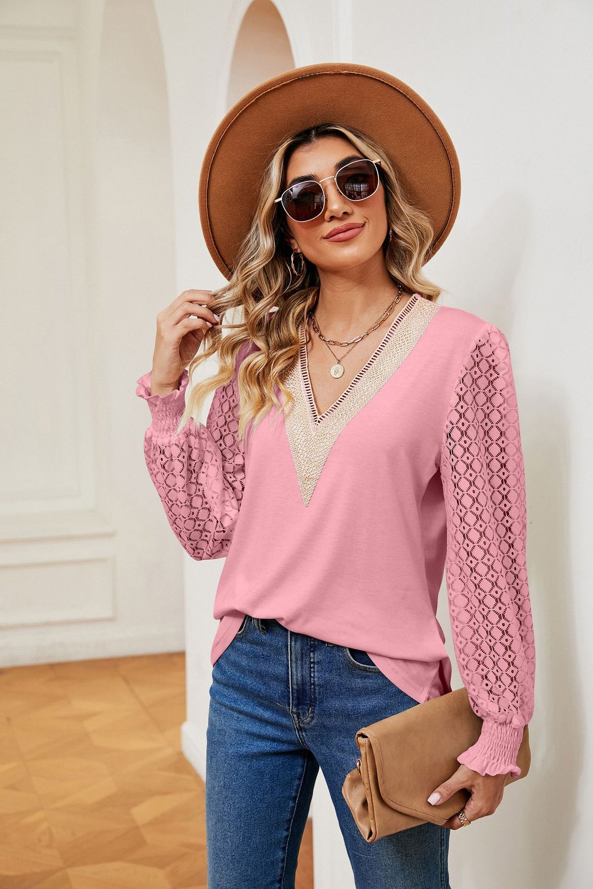 V-Neck Lace Long Sleeve Loose Fit Tunic Top
