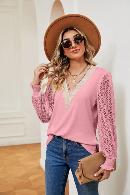 V-Neck Lace Long Sleeve Loose Fit Tunic Top