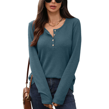 Women's Waffle Knit Henley Long Sleeve Loose Tunic Top