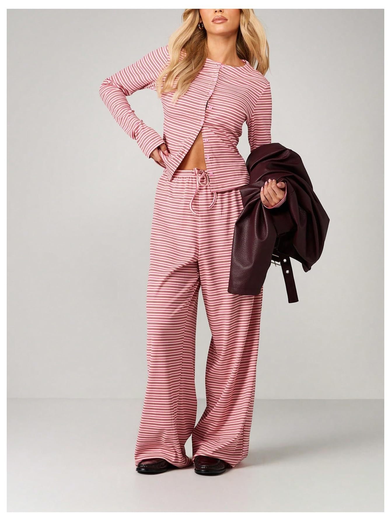 Striped Long Sleeve Top & Wide Leg Pants Two Piece Set