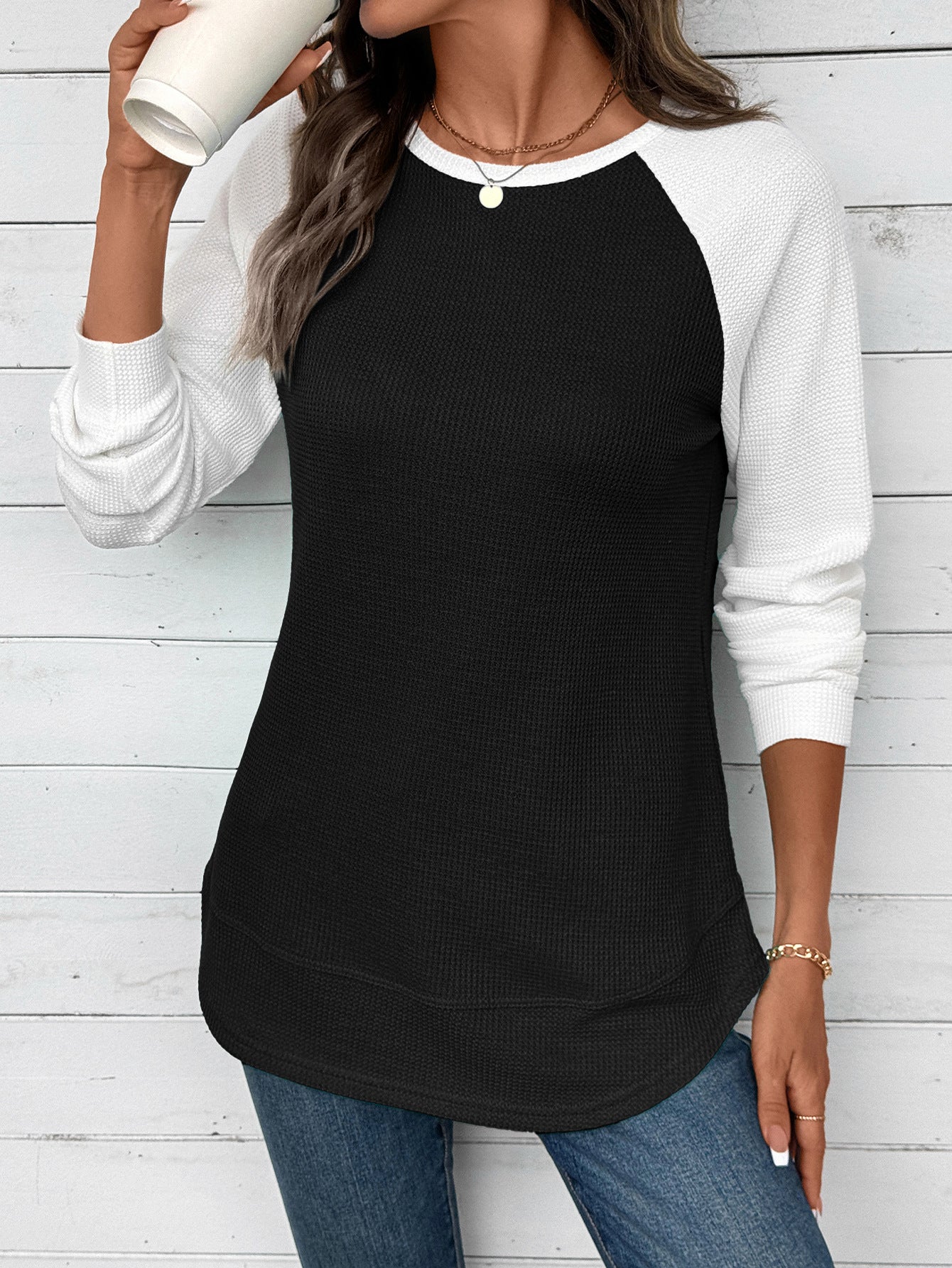 Colorblock Waffle Knit Long Sleeve Top Women Casual Tee