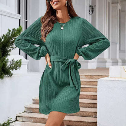 Women's Textured Puff Long Sleeve Tie Waist Mini Dress