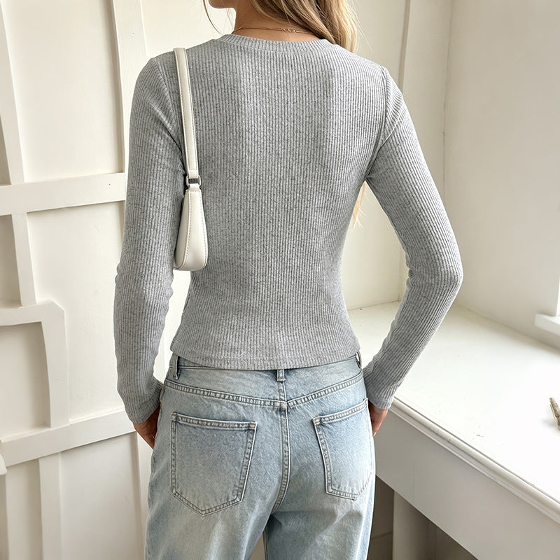 Ribbed Lace Trim Henley Long Sleeve Fitted Top
