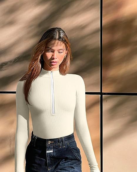 Sexy Long Sleeve Ribbed Zip Front Mock Neck Bodysuit