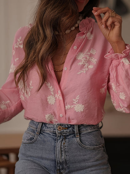 Boho Floral Embroidered Balloon Sleeve Button Down Blouse