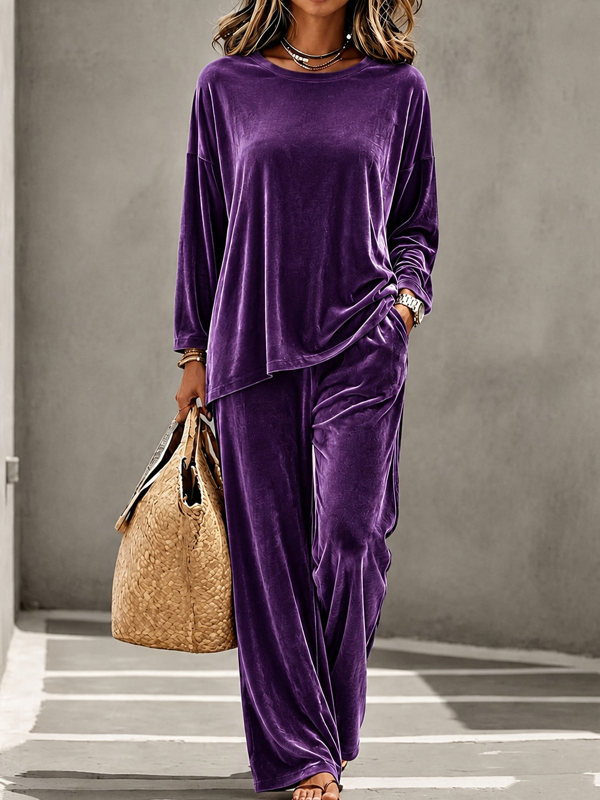 Velvet Two Piece Set Women Wide Leg Pants Lounge Wear