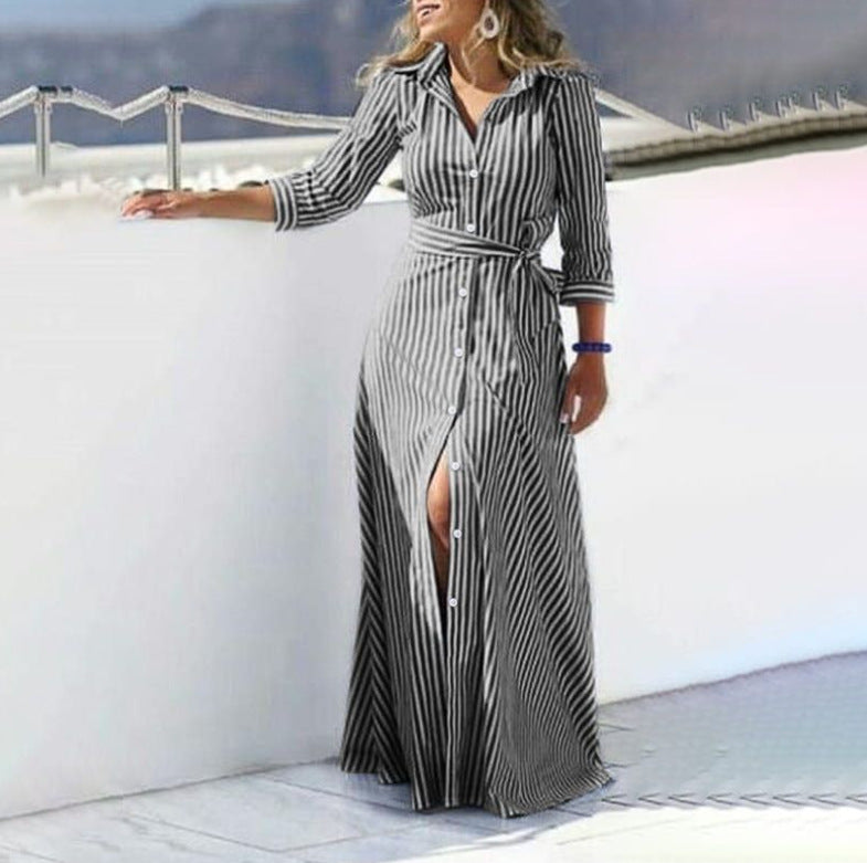 Striped Cotton Linen Maxi Shirt Dress Belted 3/4 Sleeve