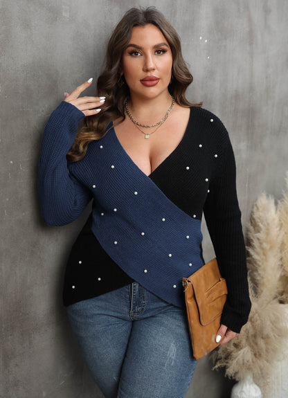 Women's Splicing Sexy Deep V Beaded Sweater Long Sleeve