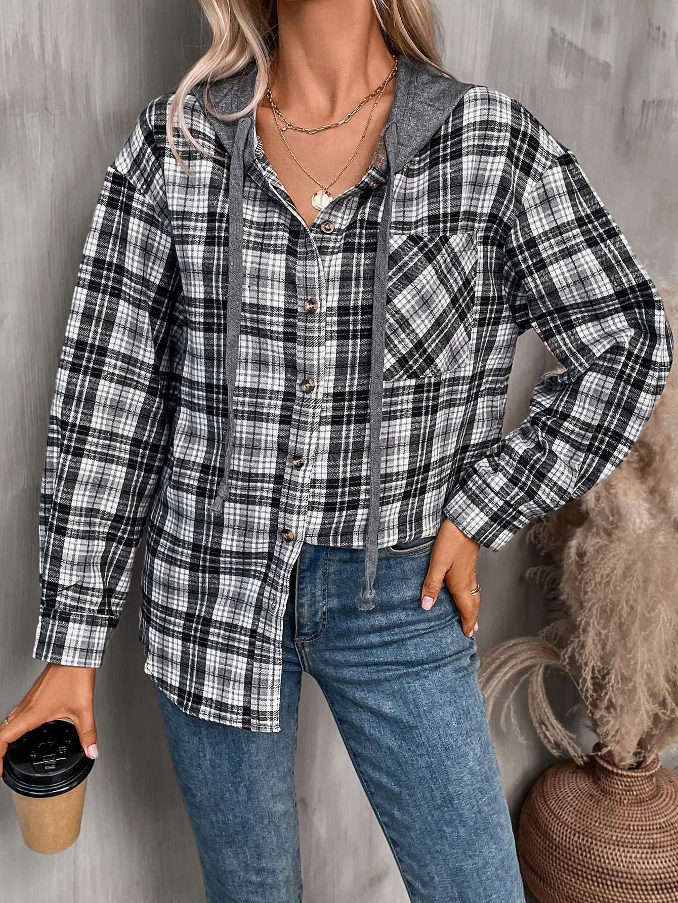Plaid hooded button down shirt oversized fit