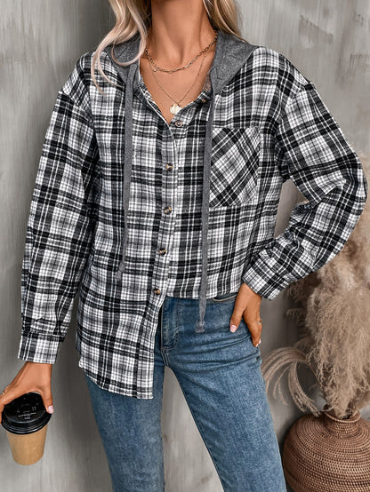 Plaid hooded button down shirt oversized fit