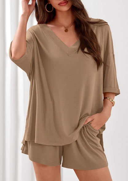 Ribbed V Neck Lounge Set Oversized Top Shorts Set