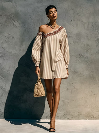 One Shoulder Striped Embroidered Lantern Sleeve Mini Dress