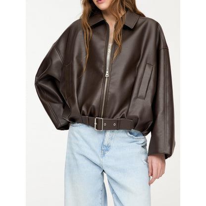 Women's Oversized Faux Leather Bomber Jacket Vintage