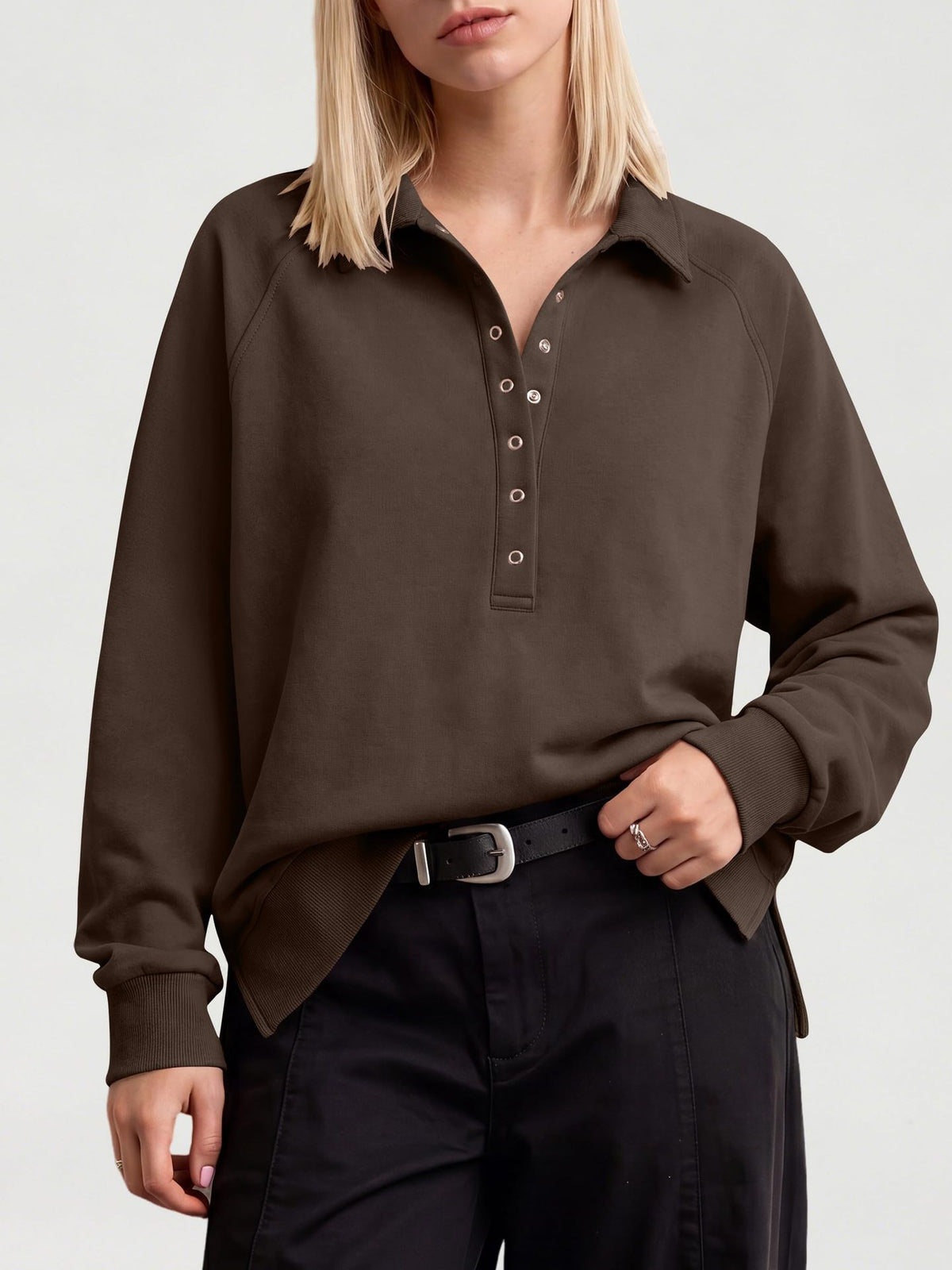 Women's Oversized Collared Button Pullover Sweatshirt