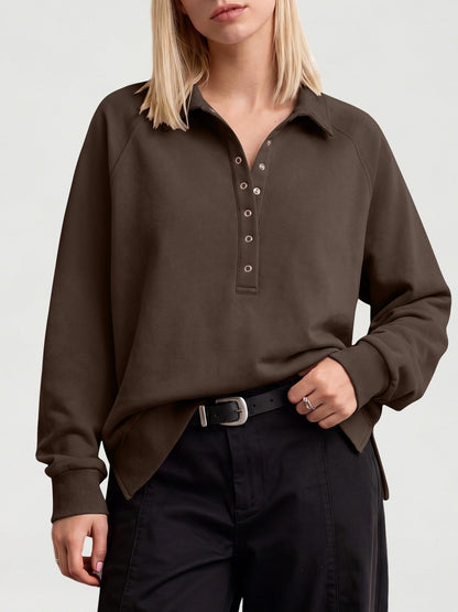 Women's Oversized Collared Button Pullover Sweatshirt