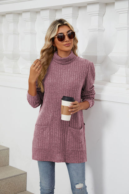 Women's Ribbed Mock Neck Long Sleeve Tunic with Pockets