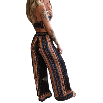 Boho Butterfly Print Crop Top Wide Leg Pants Set