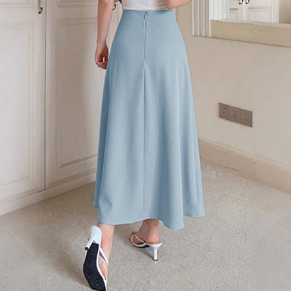 High Waist A-Line Midi Skirt Button Detail Flowy Skirt