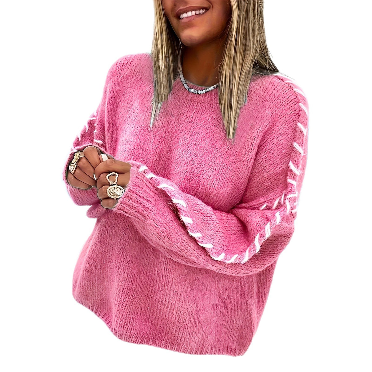 Women's Oversized Crew Neck Sweater Contrast Stitch Pullover