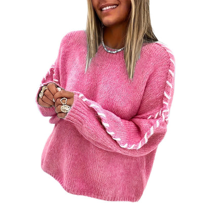Women's Oversized Crew Neck Sweater Contrast Stitch Pullover