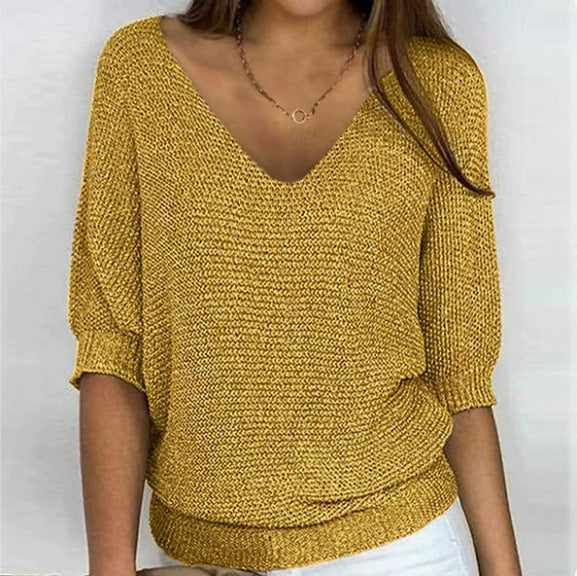Women's Oversized Crew Neck Knit Sweater 3/4 Sleeve