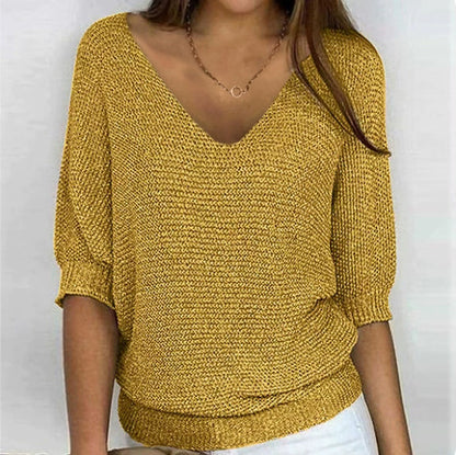 Women's Oversized Crew Neck Knit Sweater 3/4 Sleeve