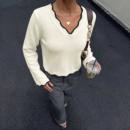 Contrast Scallop V Neck Knit Cropped Sweater