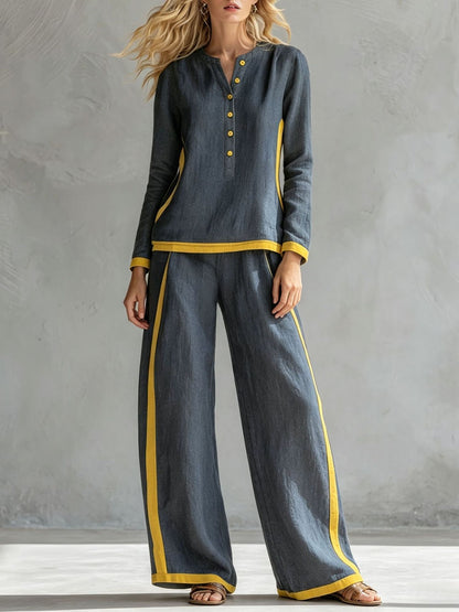 Women's Colorblock Wide Leg Pant Set Button Front Top