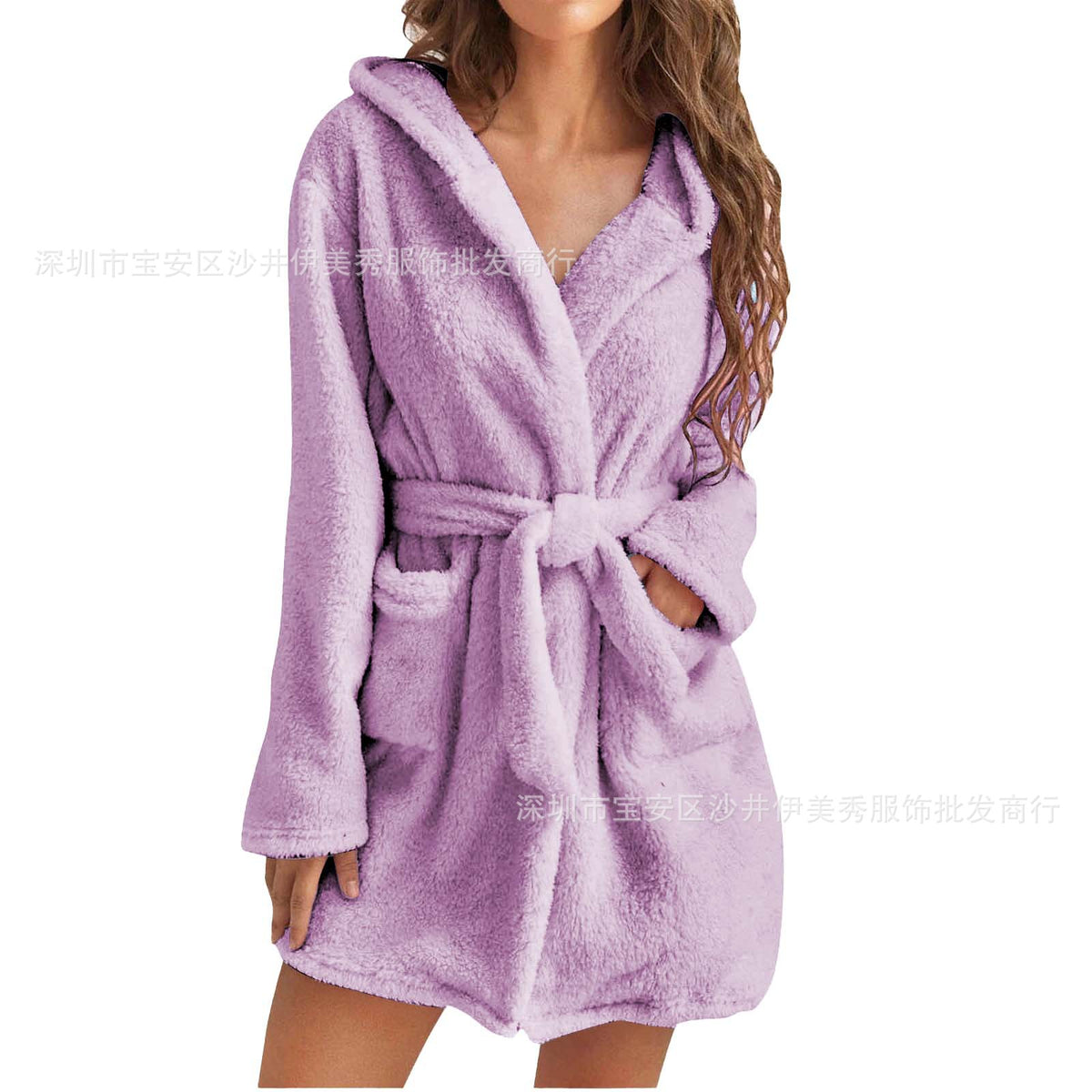 Womens Hooded Plush Fleece Robe Soft Warm Winter