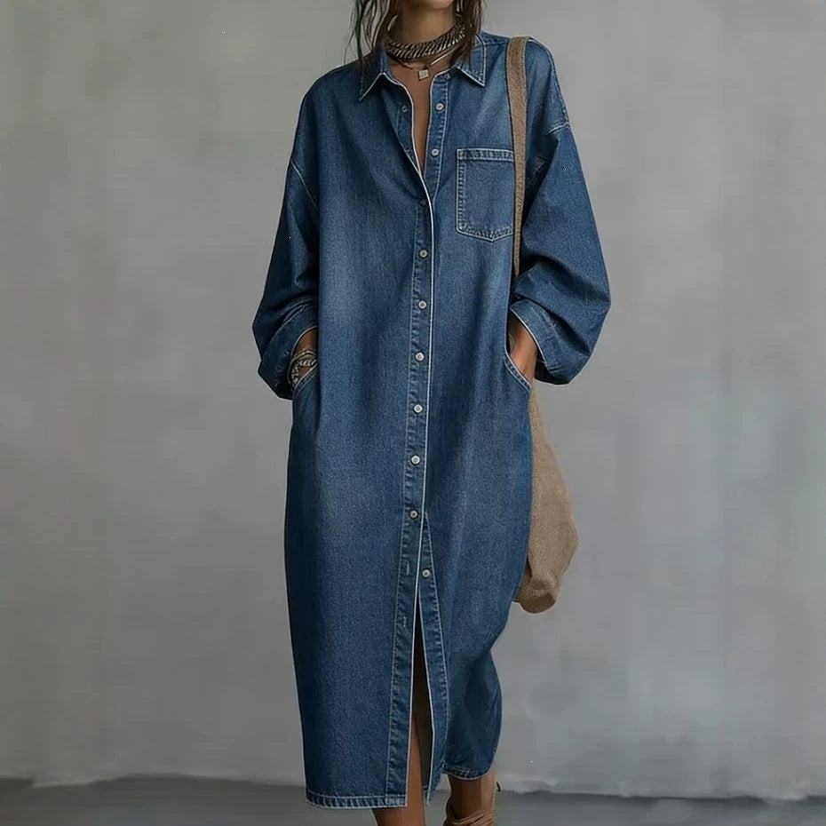 Oversized Denim Shirt Dress Button Front Midi