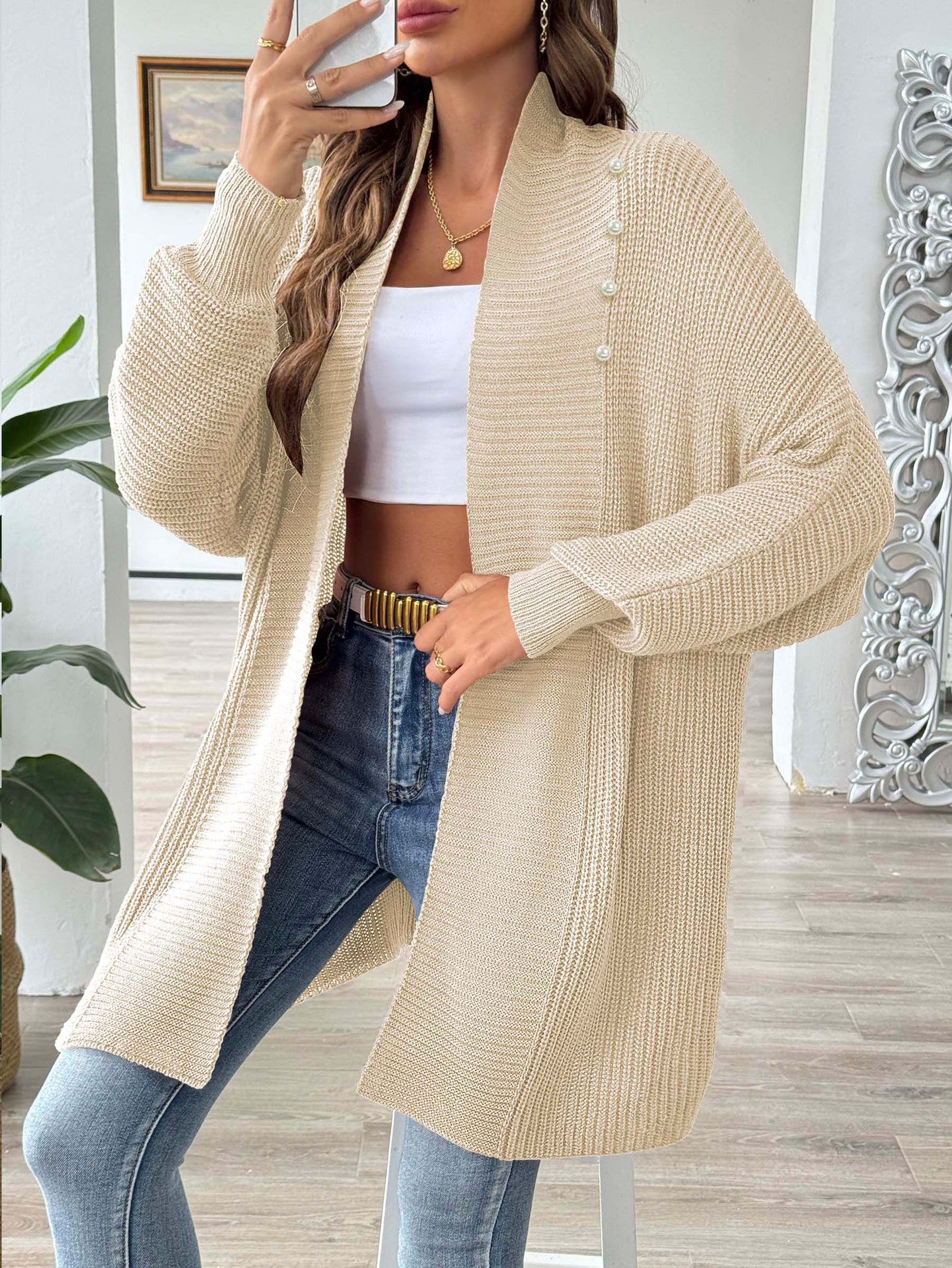 Women's Solid Color Loose Sweater Pearl Bead Women's Cardigan Jacket