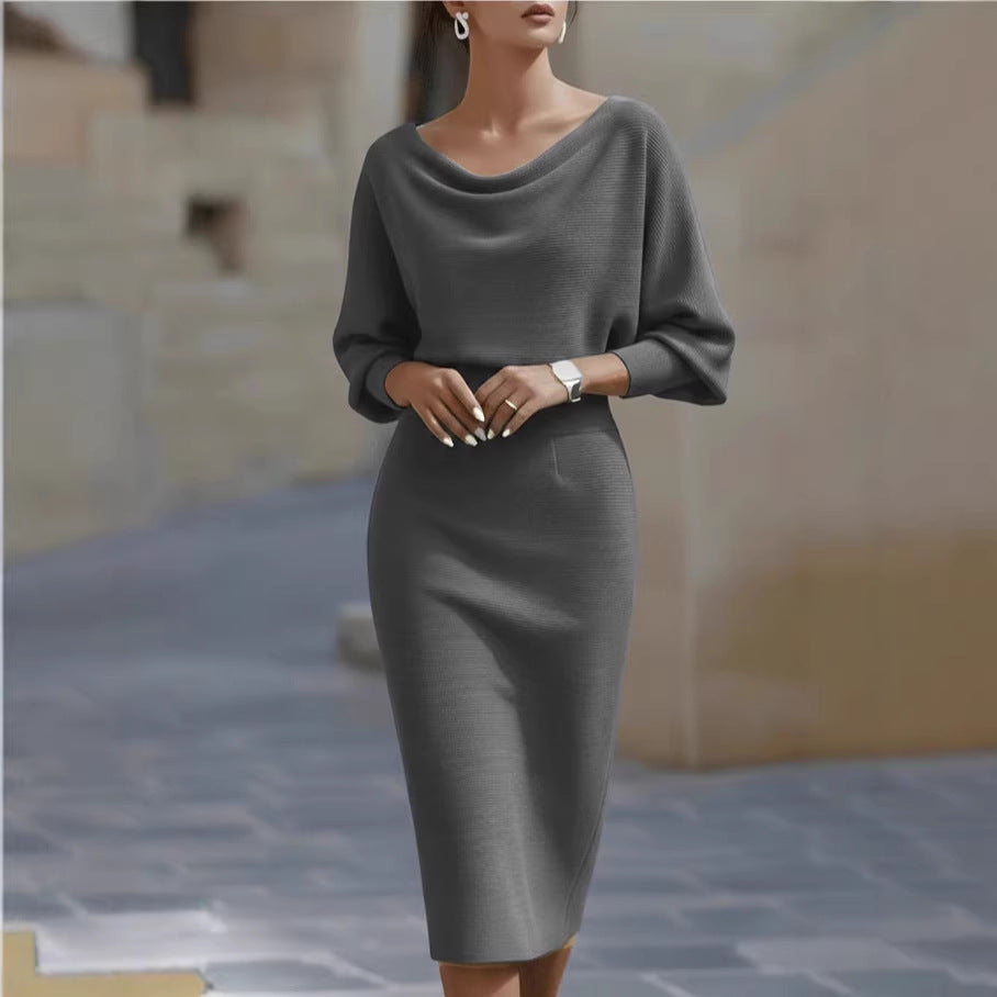 Cowl Neck Batwing Sleeve Ribbed Midi Sweater Dress