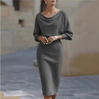 Cowl Neck Batwing Sleeve Ribbed Midi Sweater Dress