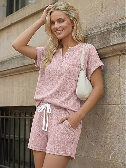 Knit Two Piece Set Short Sleeve Top Shorts Lounge Outfit