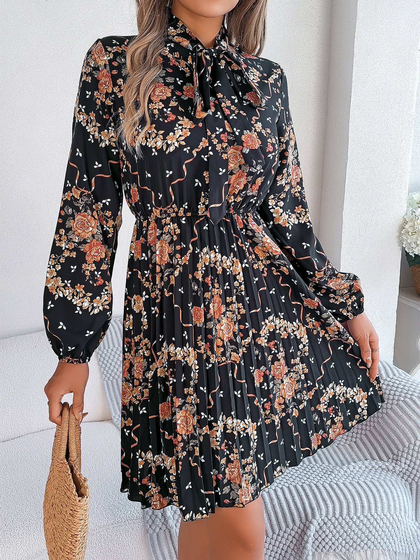 Floral Tie Neck Long Sleeve Pleated Midi Dress