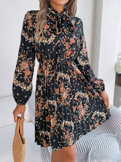 Floral Tie Neck Long Sleeve Pleated Midi Dress