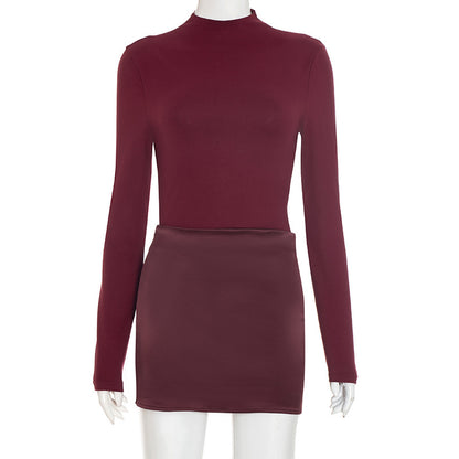 Long Sleeve Crew Neck Bodycon Mini Dress Satin Panel
