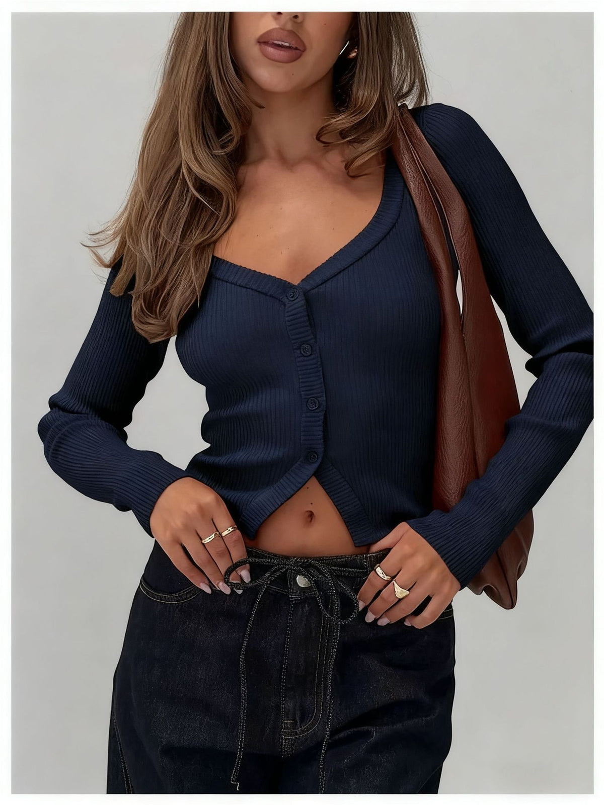 Sexy Ribbed V-Neck Crop Cardigan Button Front Long Sleeve