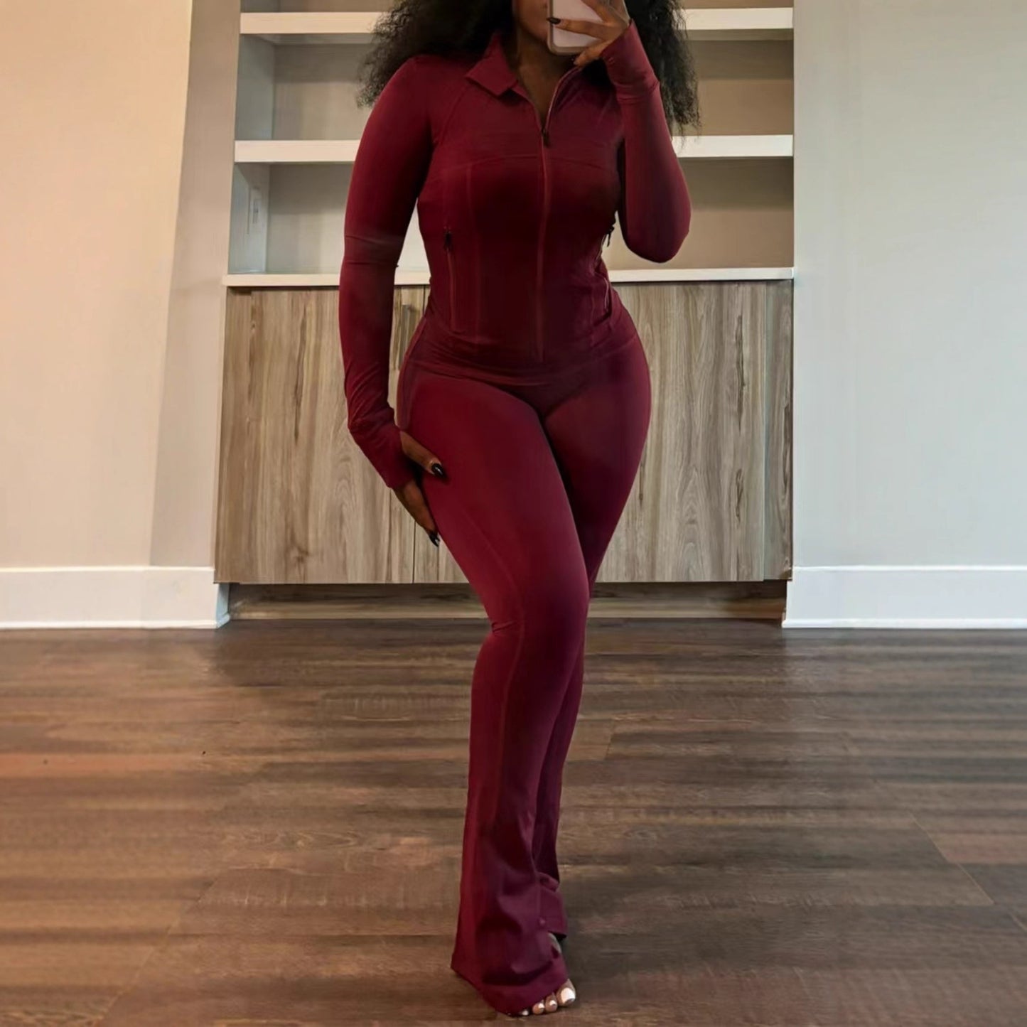 Women's Sexy Zip Up Crop Top & Flare Pants 2 Piece Set